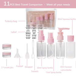 11dalių kelioniai buteliukai kosmetikai ir higienai - rinkinys
